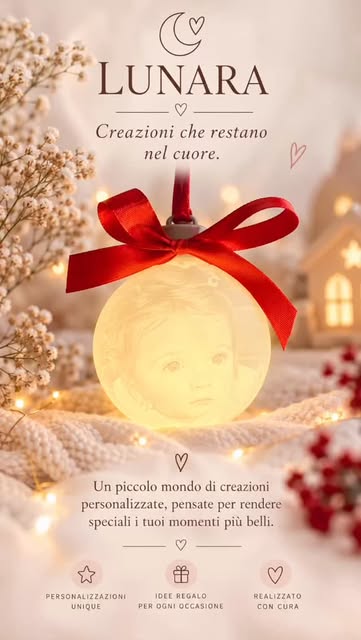 Pallina personalizzata in litofania illuminata, con nastro rosso